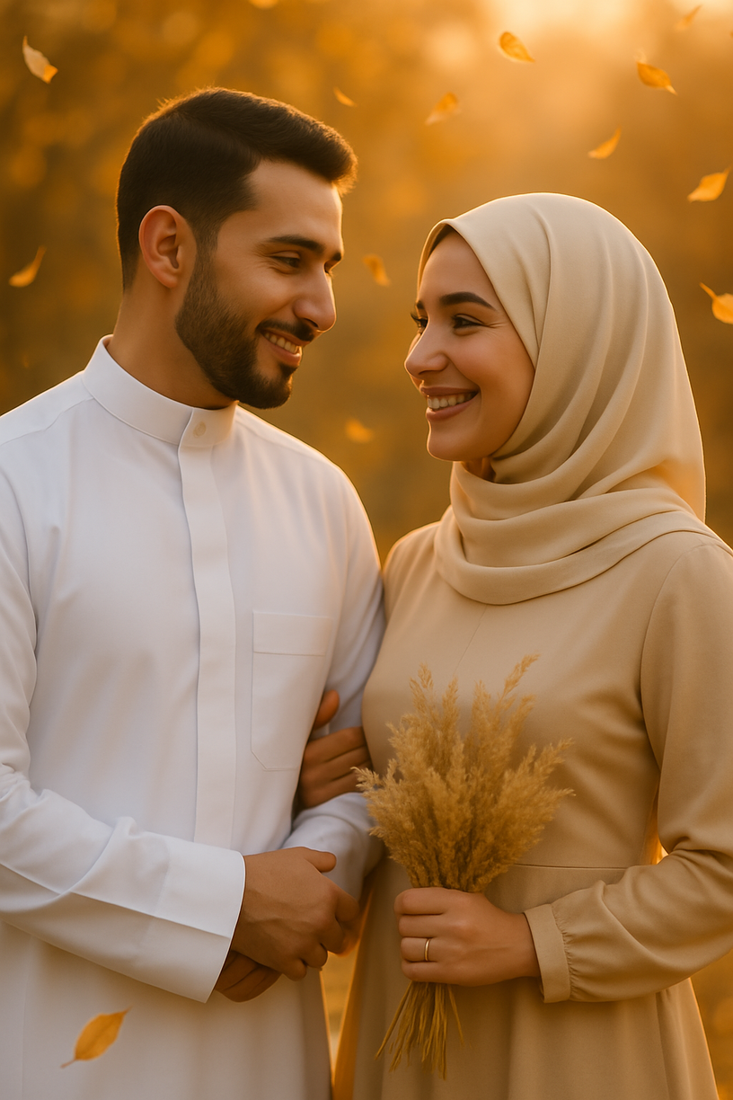 رجل وامرأة يرتديان زيّ زفاف يقفان معًا في أجواء مشرقة ومنعشة بعناصر طبيعية. المرأة تحمل باقة من الزهور المجففة وترتدي حجابًا. أما الرجل، فيرتدي بدلة داكنة، ويبدو أنهما يتبادلان نظرة حب.