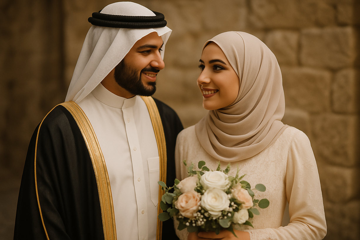 زوجان يرتديان ملابس أنيقة، ربما لحضور حفل زفاف. الرجل يرتدي بدلة وربطة عنق، بينما المرأة ترتدي فستانًا بلا أكمام وتحمل باقة زهور. ينظران إلى بعضهما البعض بعطف، مما يوحي بعلاقة دافئة ومحبة. تتميز الخلفية بجدار حجري، مما يشير إلى مكان خارجي أو تاريخي.